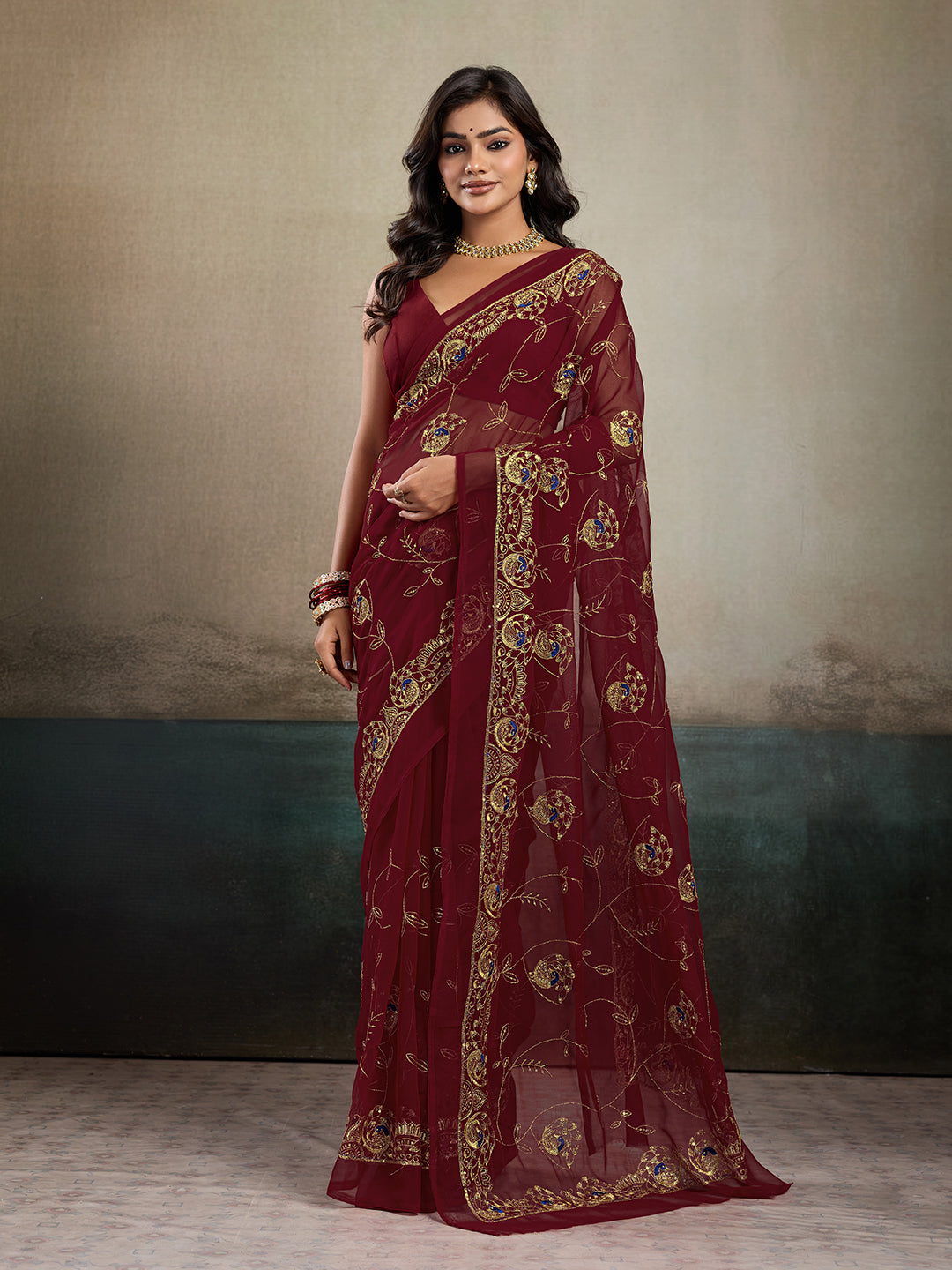 Buy Designer Saree With Handcrafted Aari Tari Work