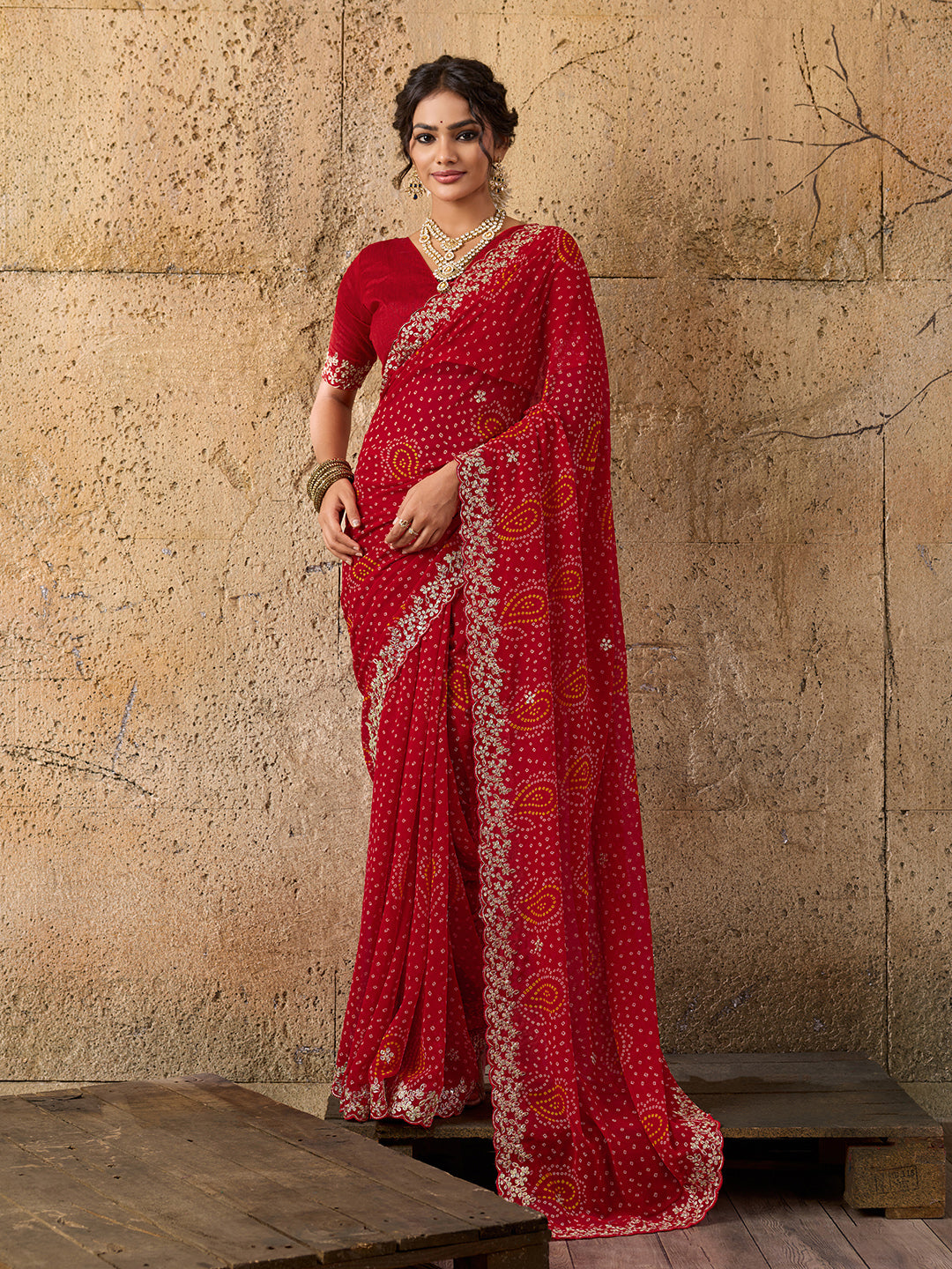 Handmade Pitta Aari Work saree in red colour