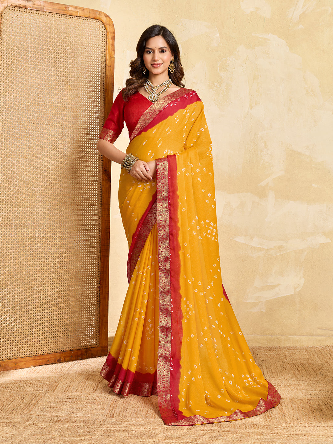 KcPc New Beautiful Moss Chiffon Georgette Bandhani Sarees Yellow Red KDM