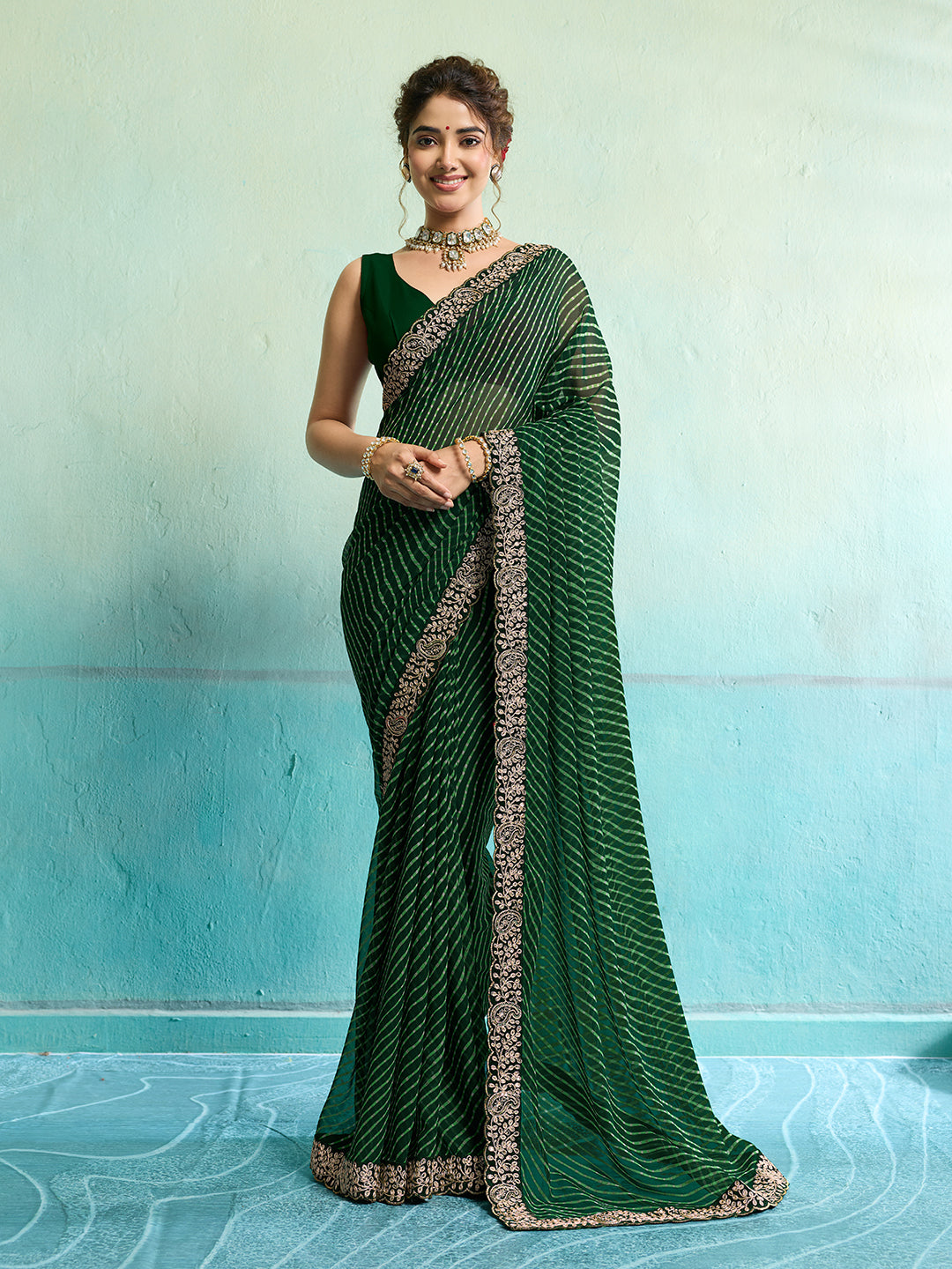 KcPc New Beautiful Georgette Leheriya Style With Embroidery Border Work Saree STL