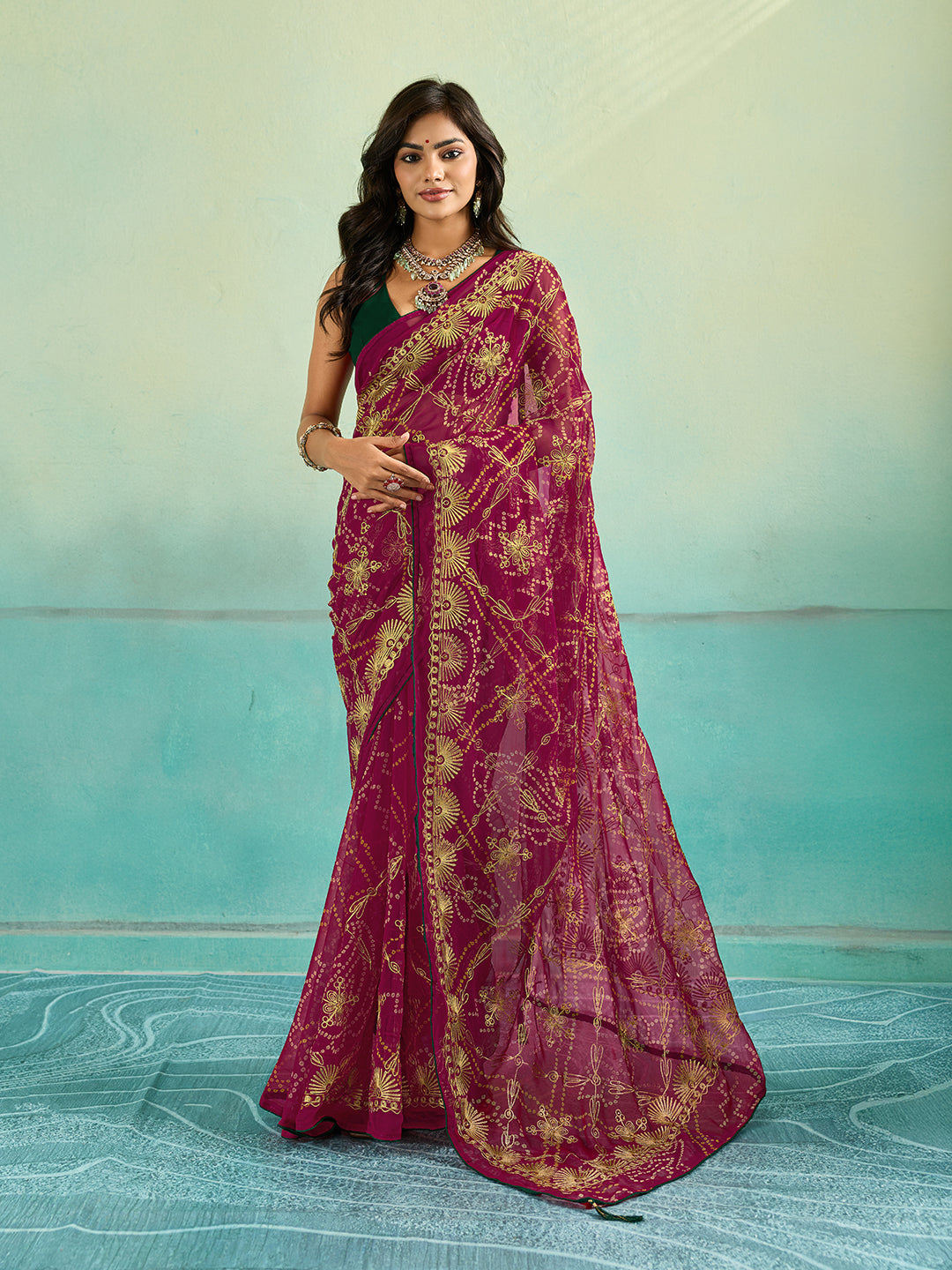 KcPc Designer Rajwari Style Chiffon Saree with Aari EmbellishmentSNI