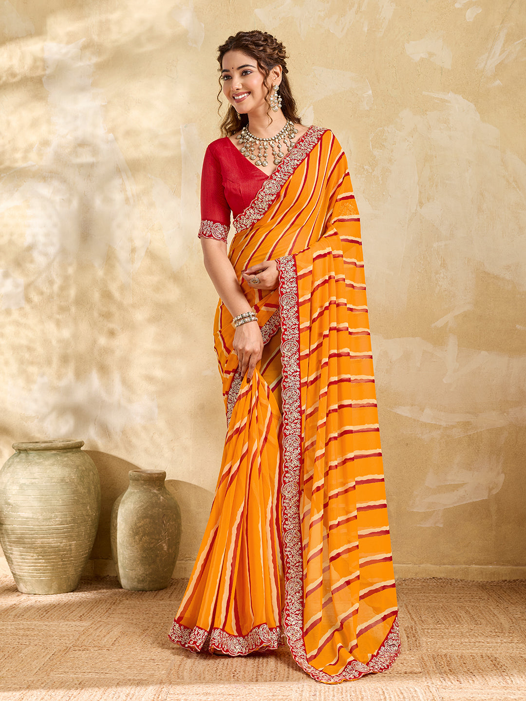 By New Beautiful Chiffon Leheriya Style With Embroidery Border Work Saree
