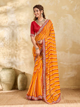 By New Beautiful Chiffon Leheriya Style With Embroidery Border Work Saree