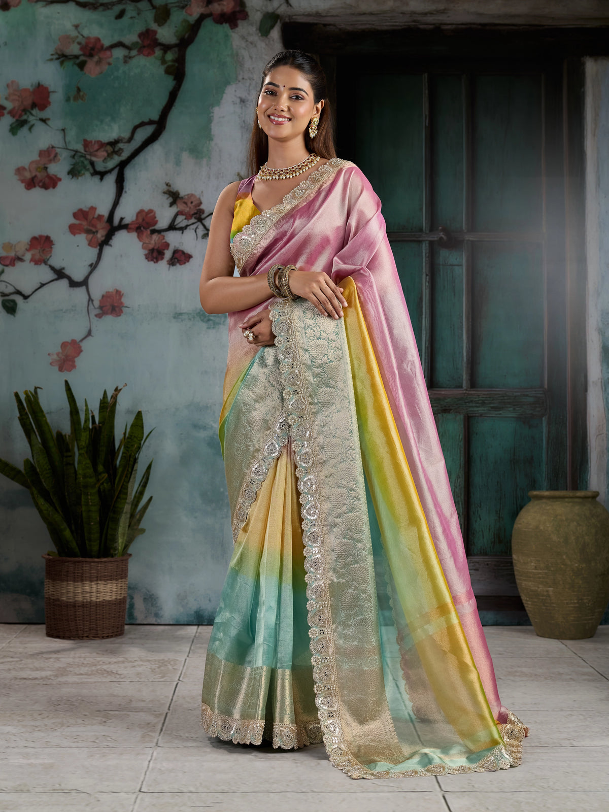 KcPc Elegant Tissue Silk Saree with Designer Diamond Stone WorkNDA