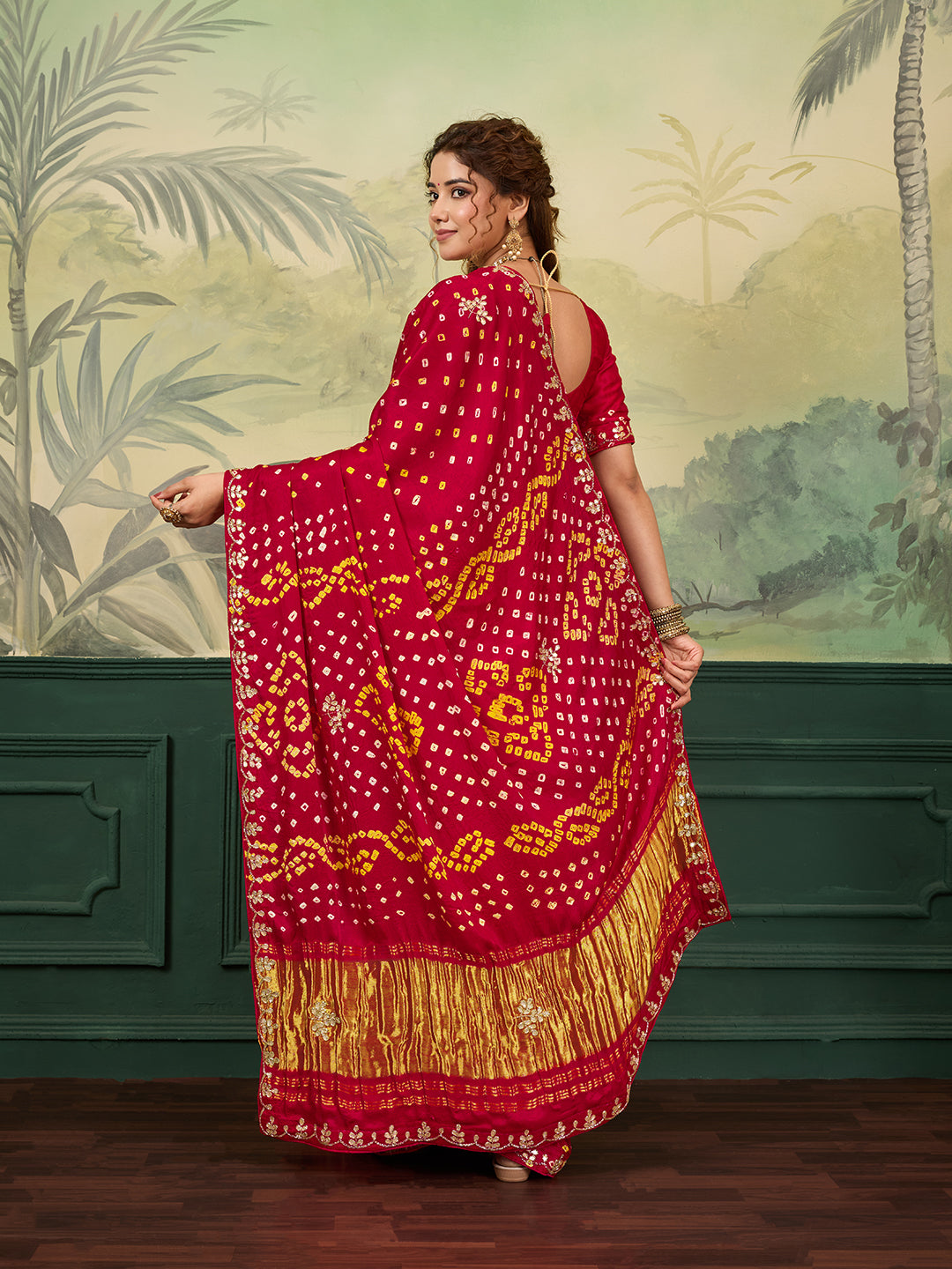 KcPc New Gaji Silk Bandhani Style Saree with Cutdana & Gotapatti Work VND