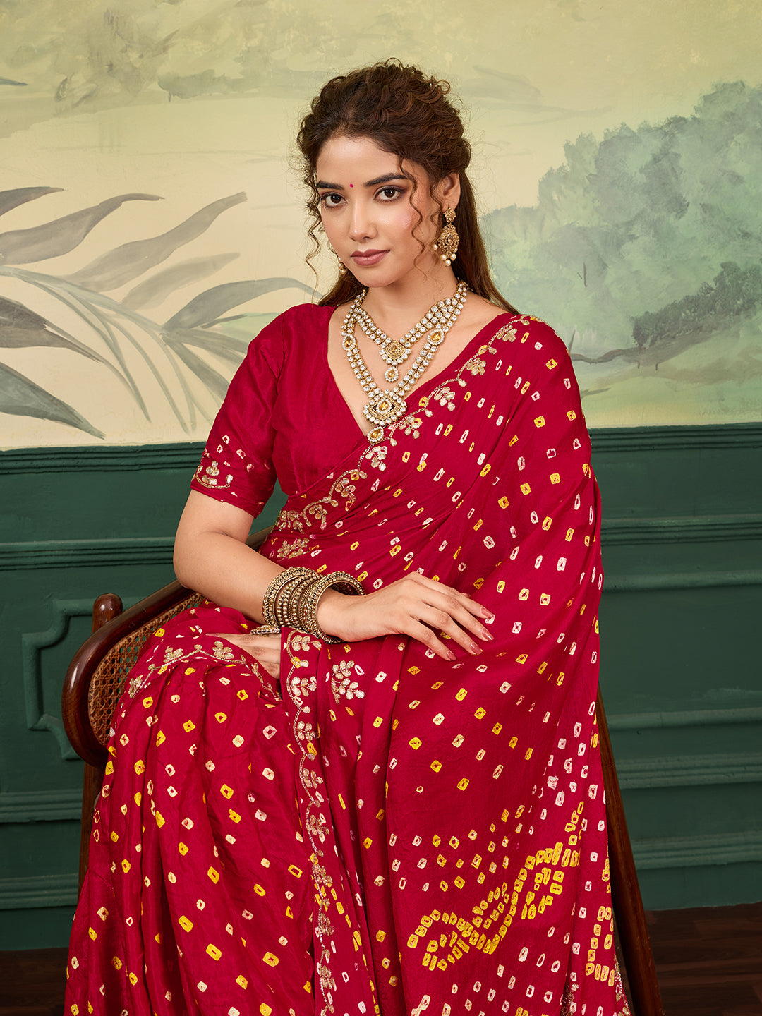 KcPc New Gaji Silk Bandhani Style Saree with Cutdana & Gotapatti Work VND