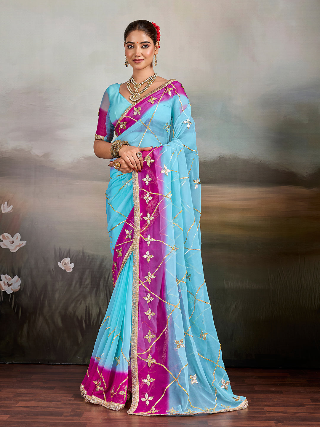 KcPc Traditional Style Chiffon Saree with Gota Patti DetailingMHS