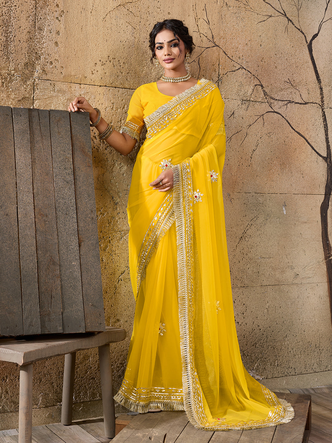 Buy Festive Wear Pure Georgette Saree with Gota Patti work in yellow colour