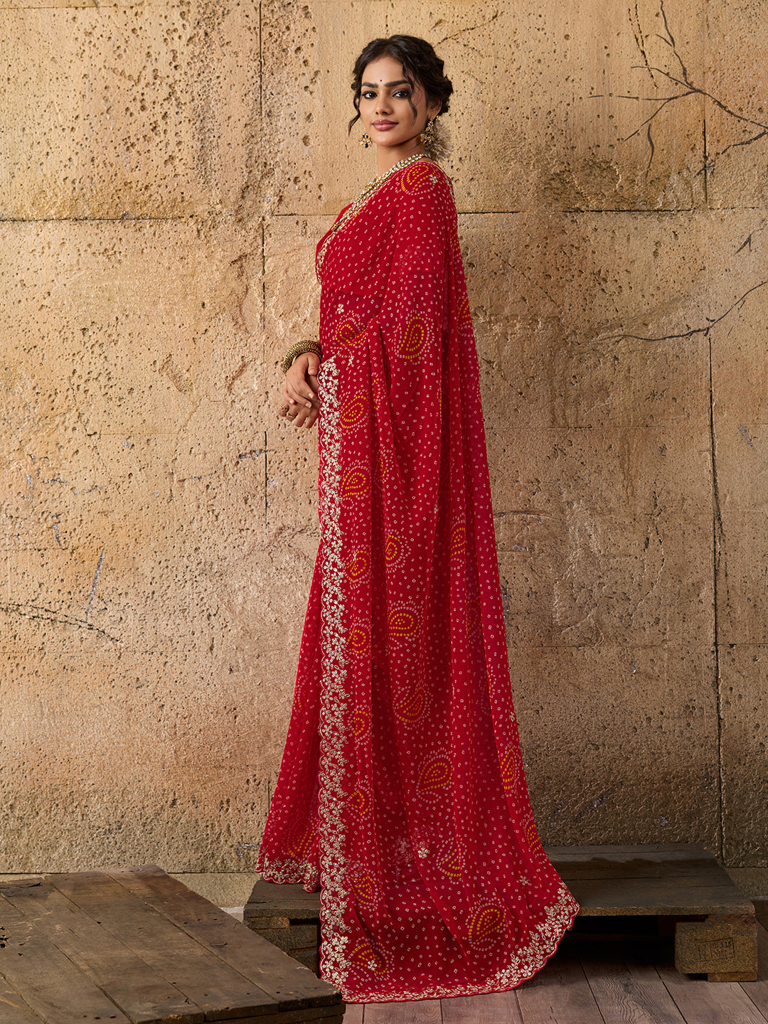 Handmade Pitta Aari Work saree in red colour