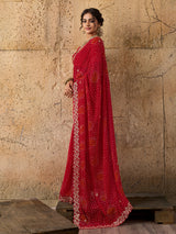 Handmade Pitta Aari Work saree in red colour