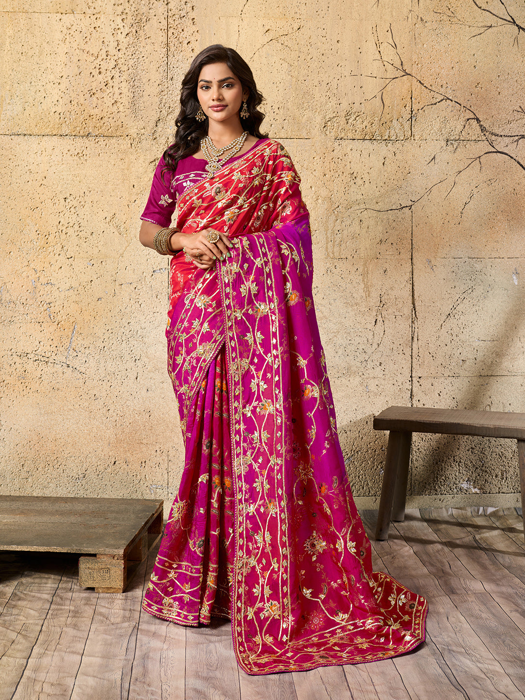 Meenakari Banarasi style saree in red colour