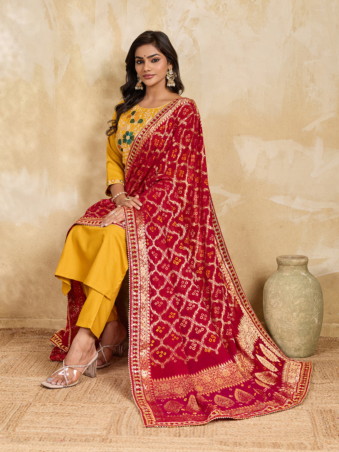 KcPc Pure Georgette Bandhani Banarasi Weaving Dupatta