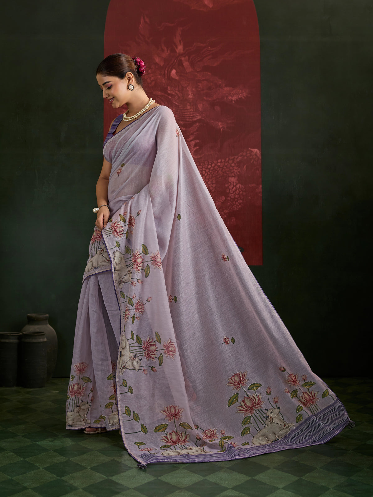 KcPc Premium Cotton Silk Kalamkari Saree with Stone WorkGAN