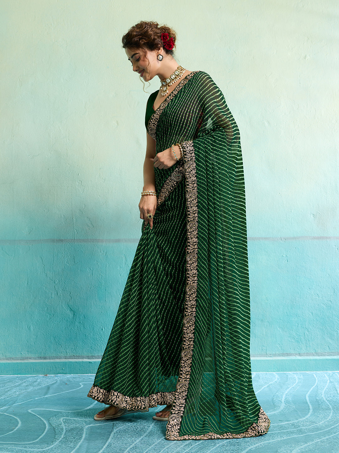 KcPc New Beautiful Georgette Leheriya Style With Embroidery Border Work Saree STL