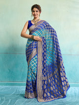 KcPc New Launch Pure Khaddi Georgette Upada Neemzari Bandhej SareeFirozi Blue