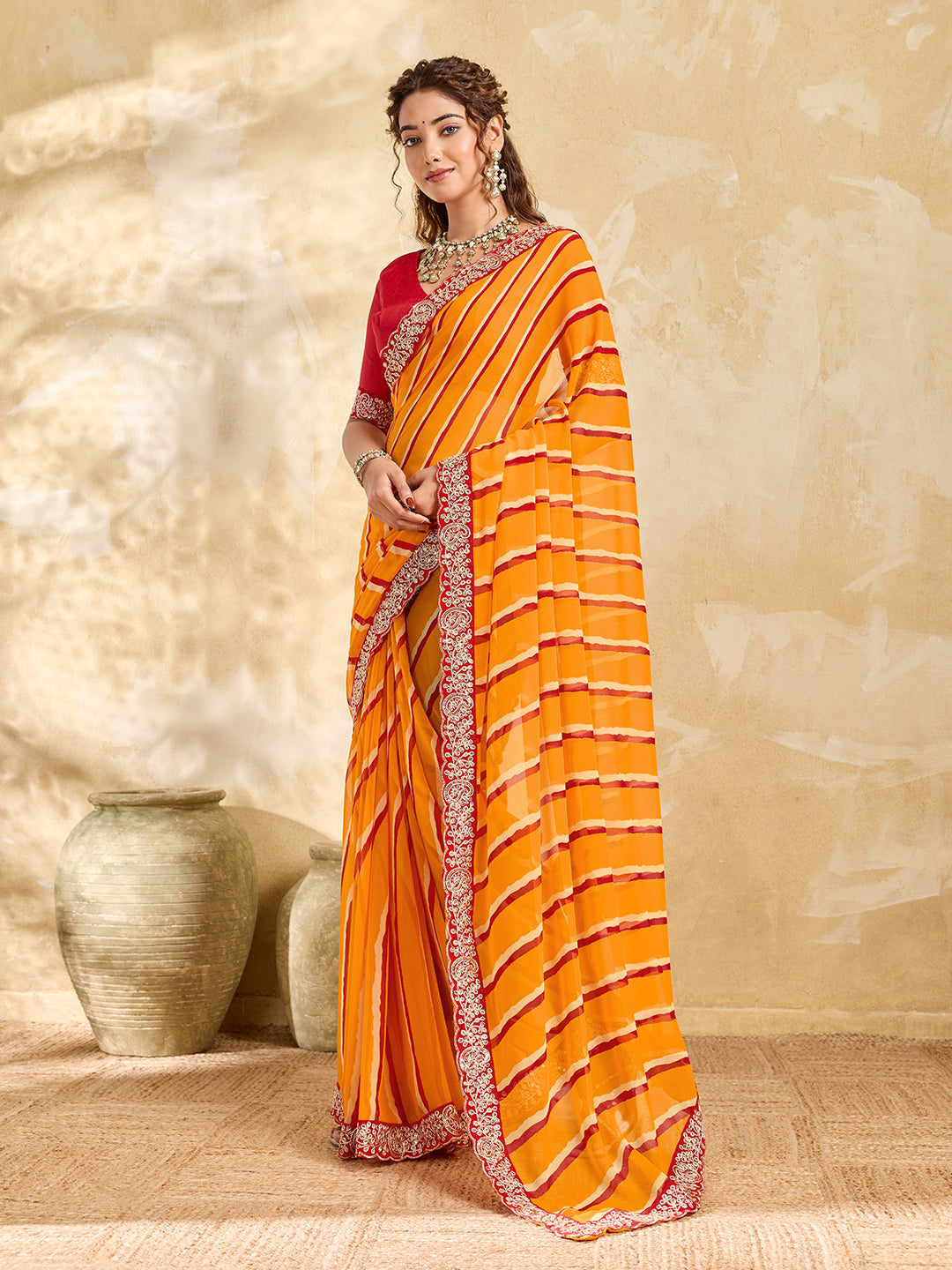 By New Beautiful Chiffon Leheriya Style With Embroidery Border Work Saree
