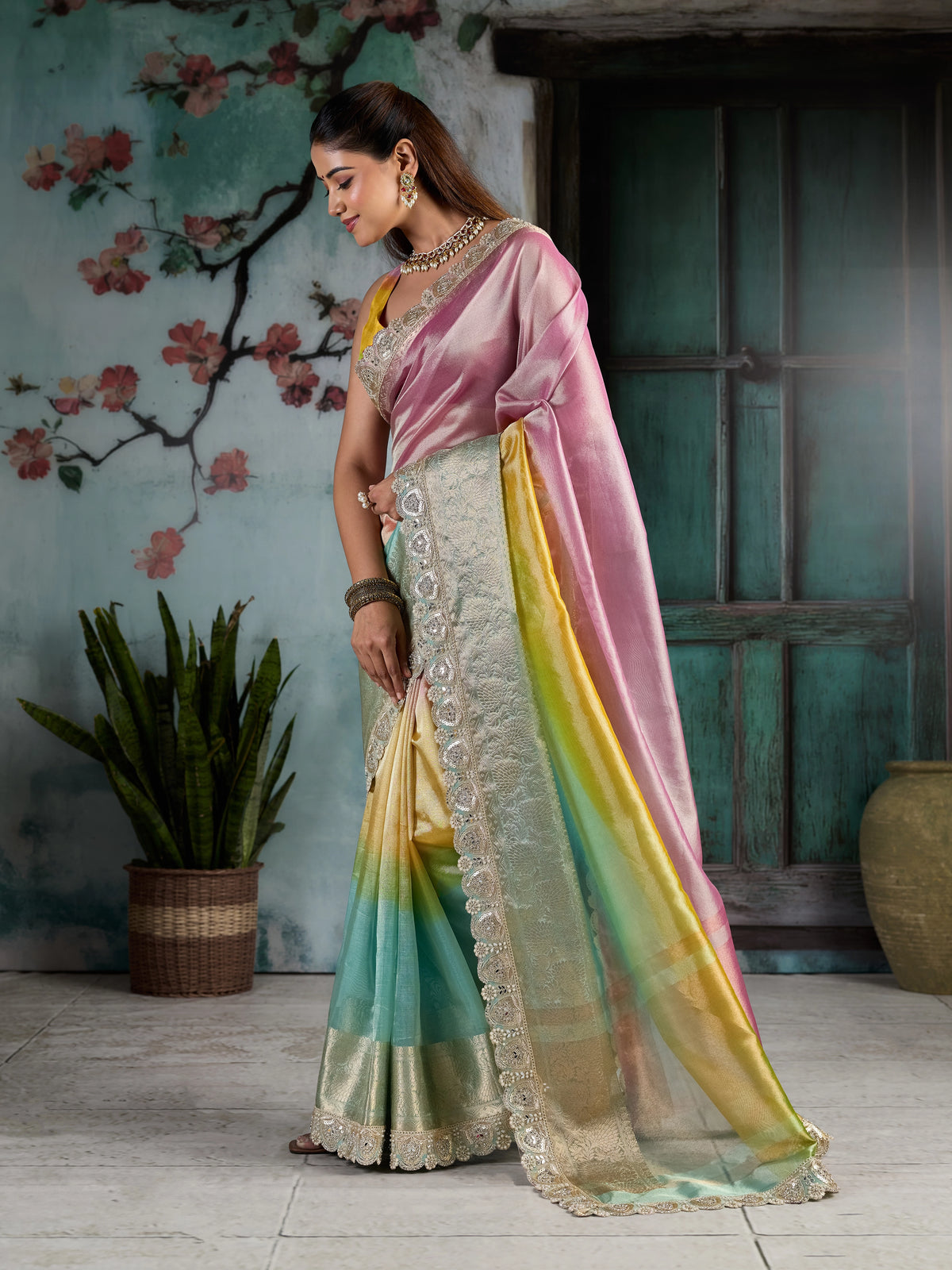 KcPc Elegant Tissue Silk Saree with Designer Diamond Stone WorkNDA