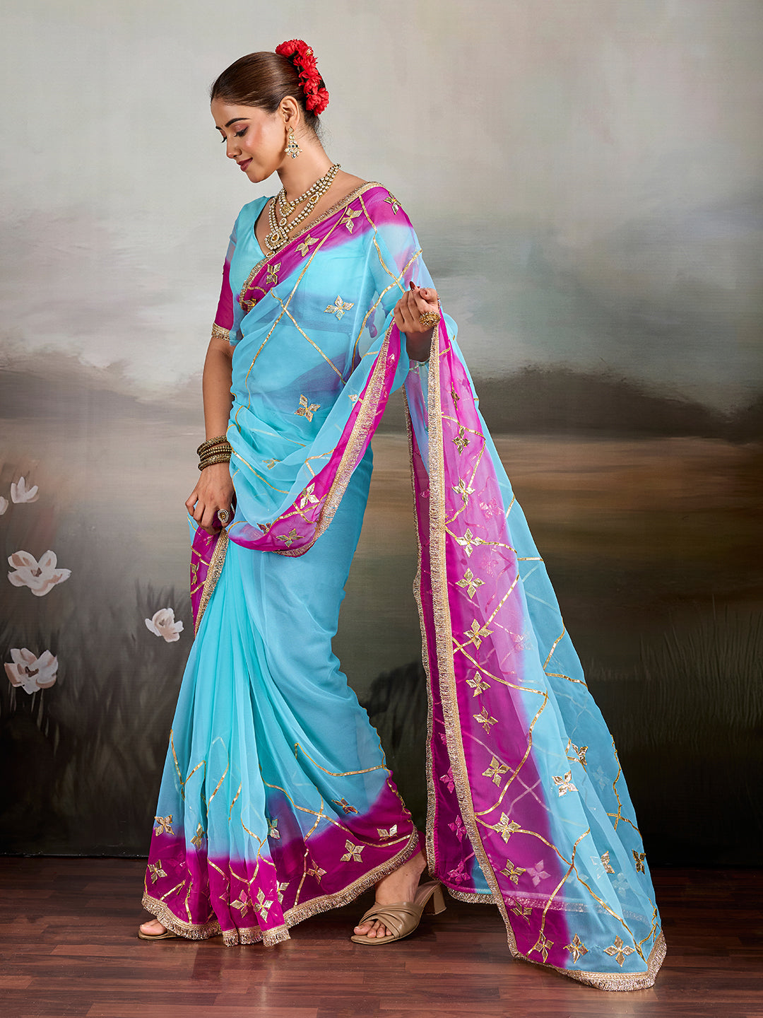 KcPc Traditional Style Chiffon Saree with Gota Patti DetailingMHS
