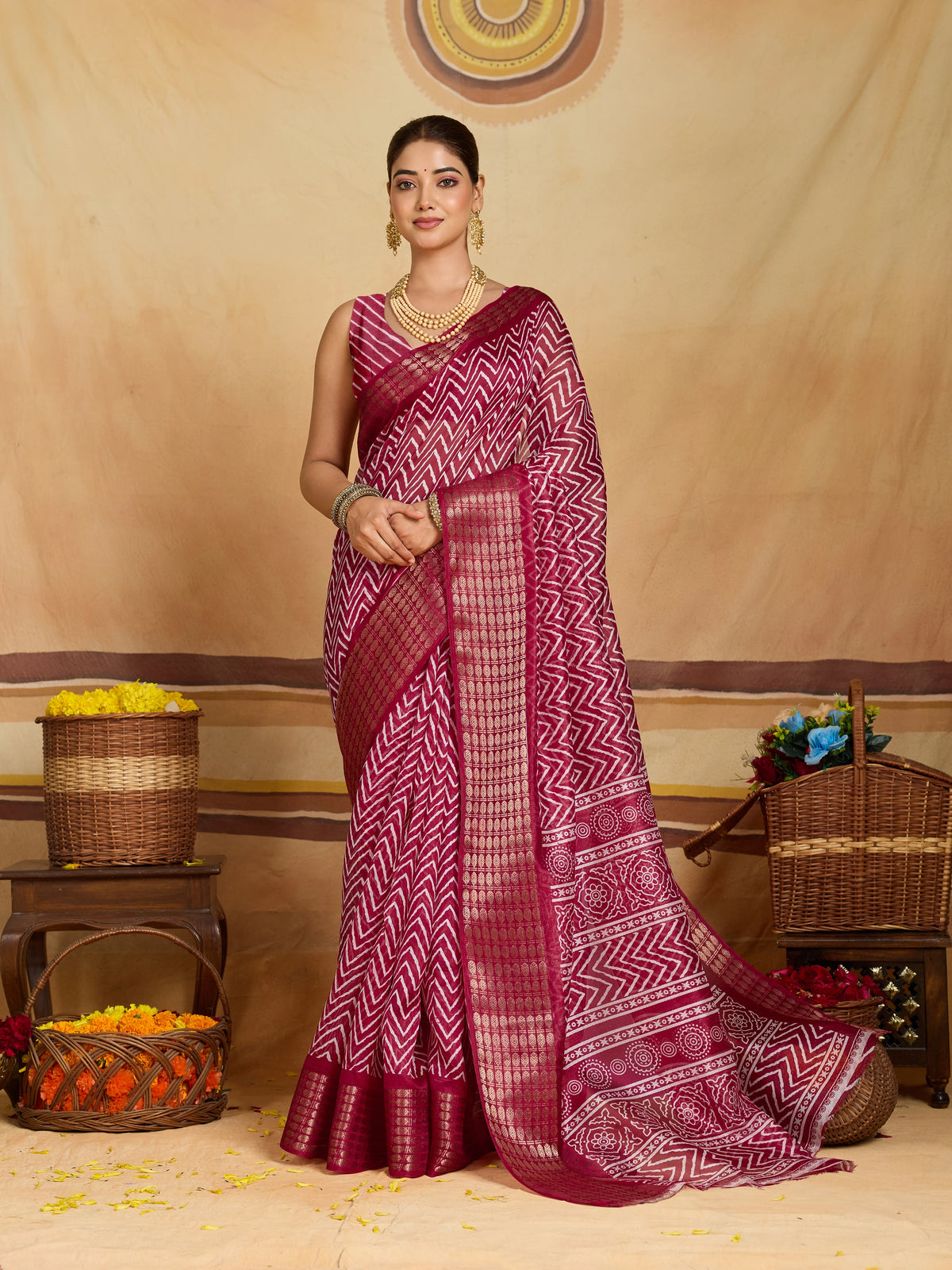 KcPc Premium Cotton Silk Zig Zag Saree with Zari Border STL