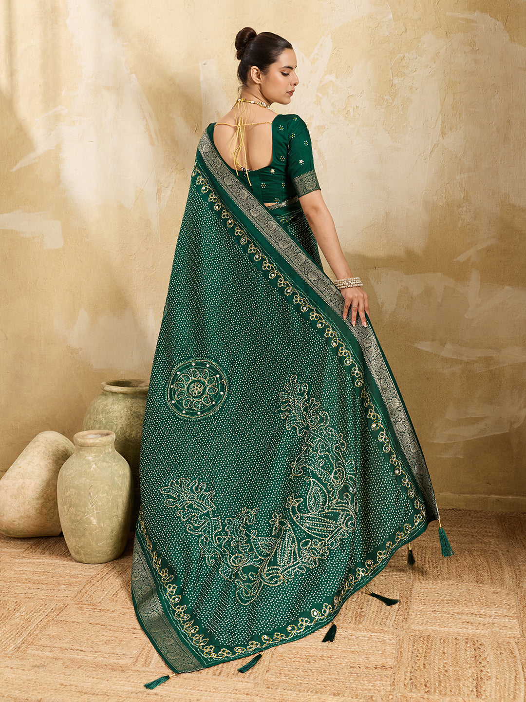 KcPc New Viscos Silk Bandhani Print Aari tari work Saree Green GAN