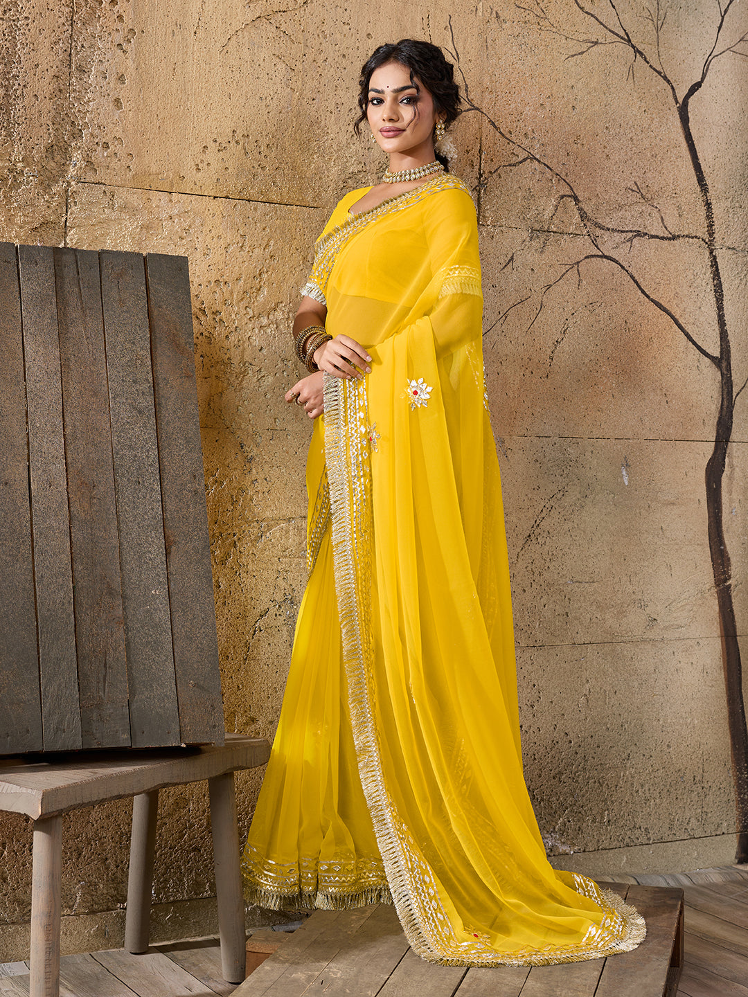 Buy Festive Wear Pure Georgette Saree with Gota Patti work in yellow colour
