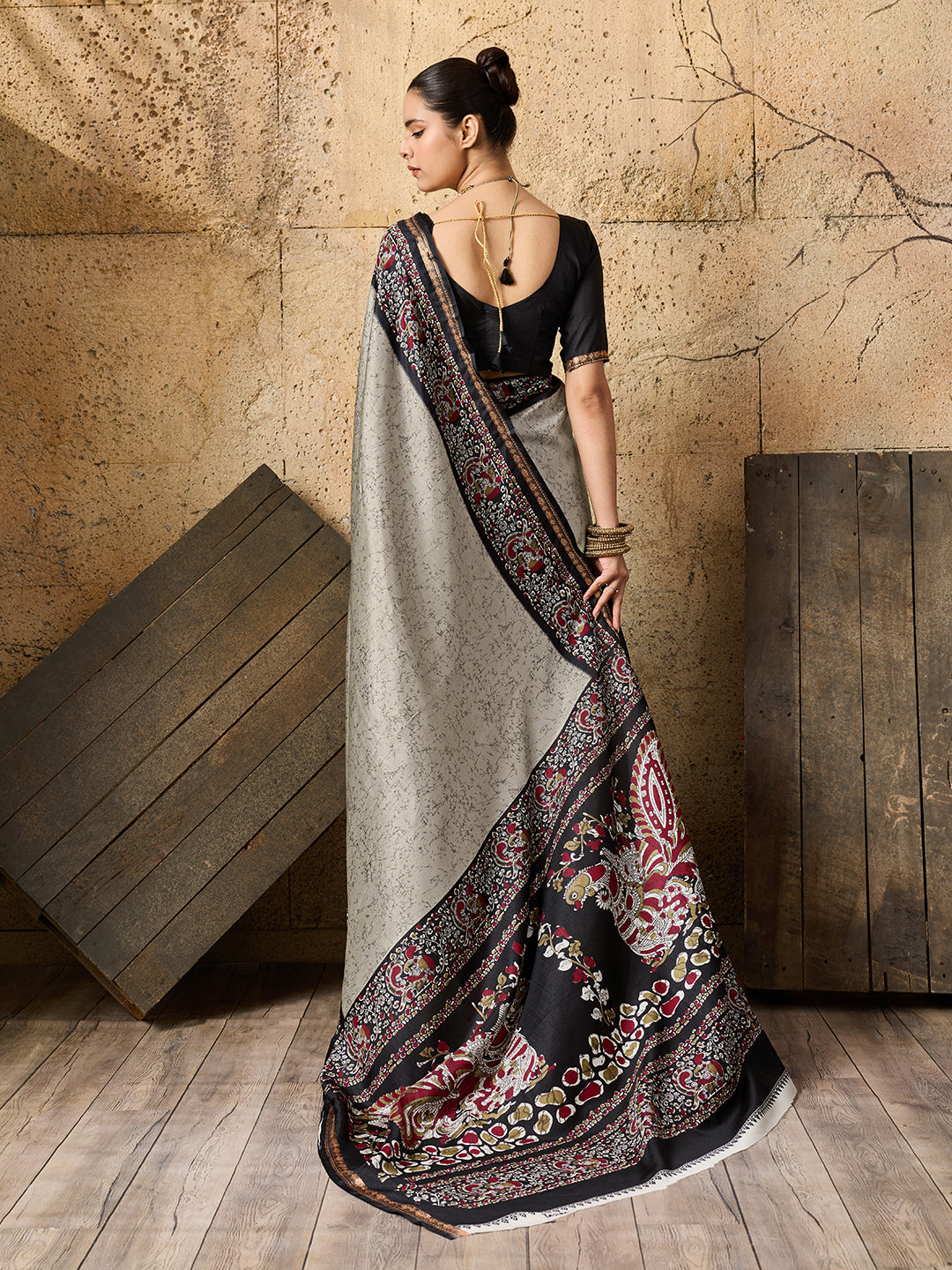 Silk Printed Style With Zari Border Work Saree in gray colour