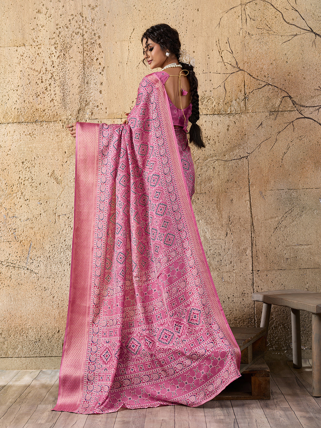 Cotton silk Ajrakh styleSaree under 1000