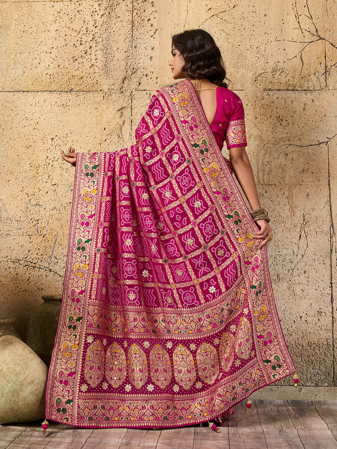 Georgette Gharchola Bandhej Cutdana Gotapatti Work Saree