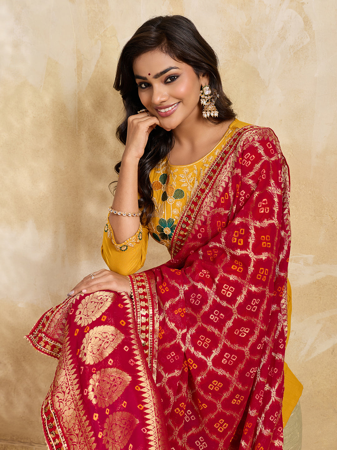 KcPc Pure Georgette Bandhani Banarasi Weaving Dupatta