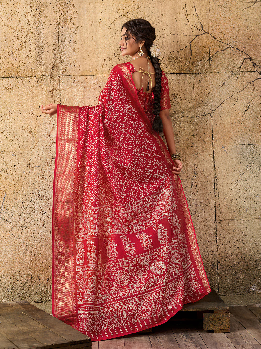 KcPc New latest Cotton silk Ajrakh style With Ajrakh HandPrint Work Saree STL