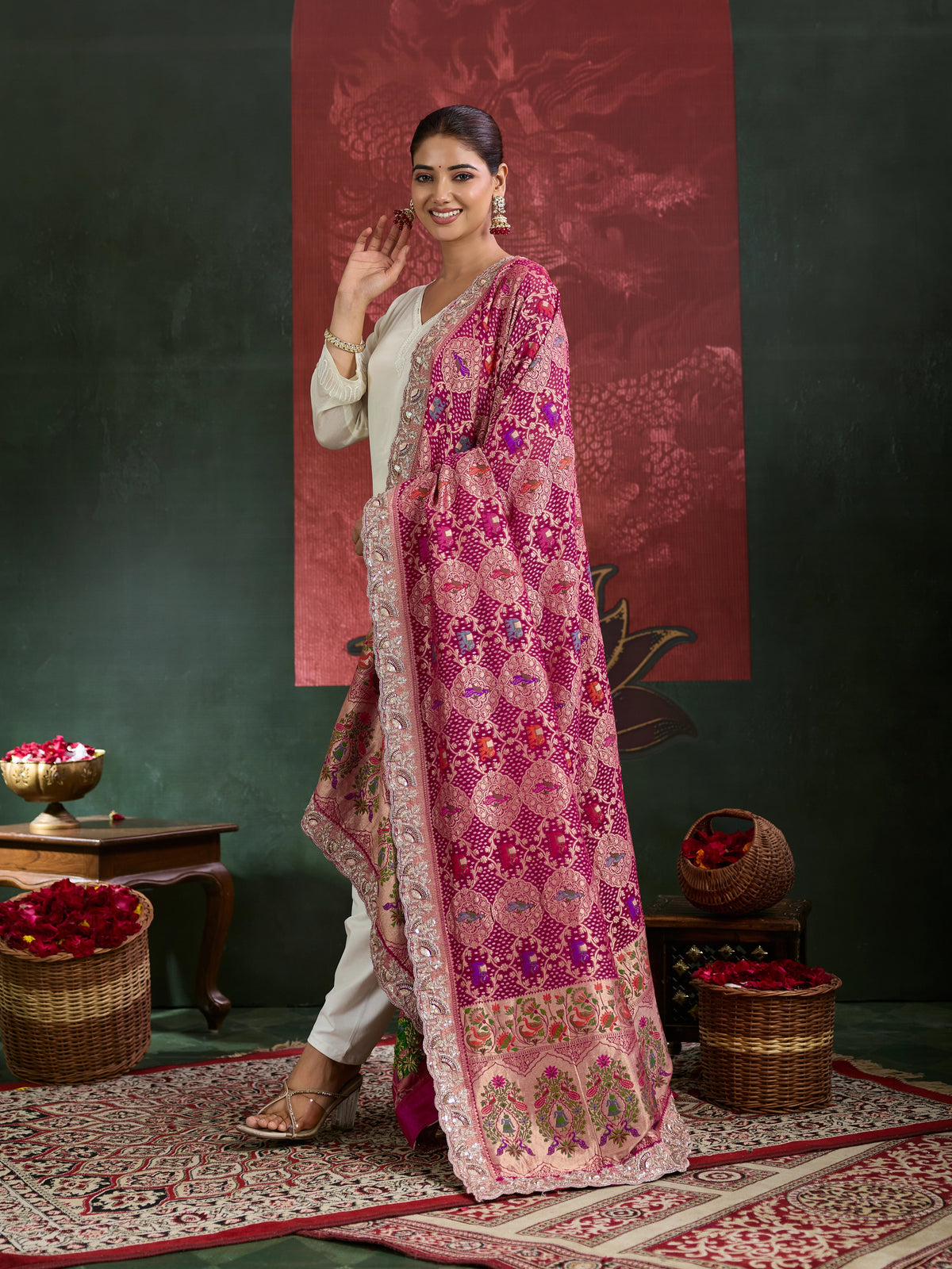 KcPc New Khaddi Georgette Embroidery Heavy Border Work Dupatta TUF