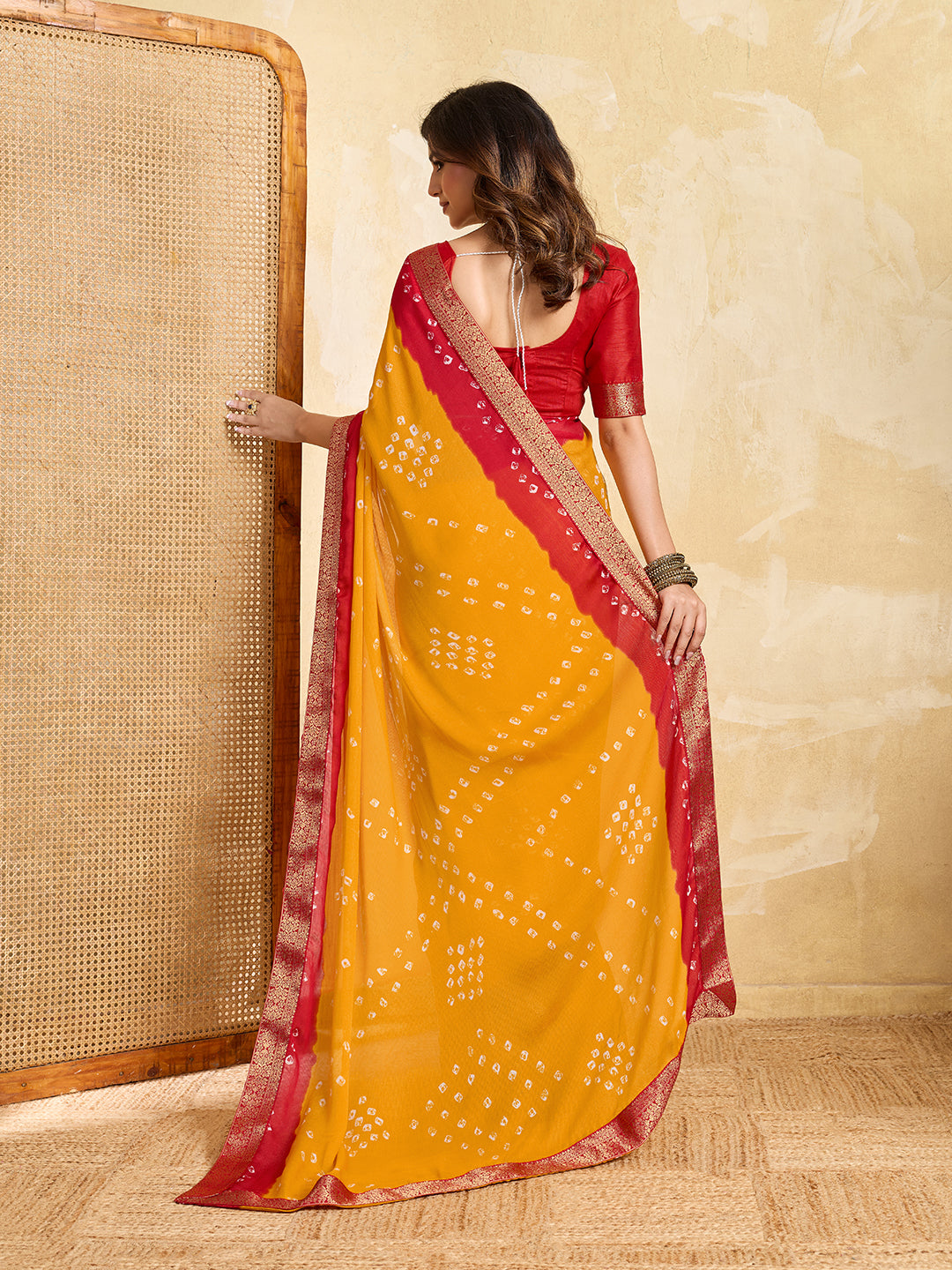 KcPc New Beautiful Moss Chiffon Georgette Bandhani Sarees Yellow Red KDM