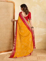 KcPc New Beautiful Moss Chiffon Georgette Bandhani Sarees Yellow Red KDM