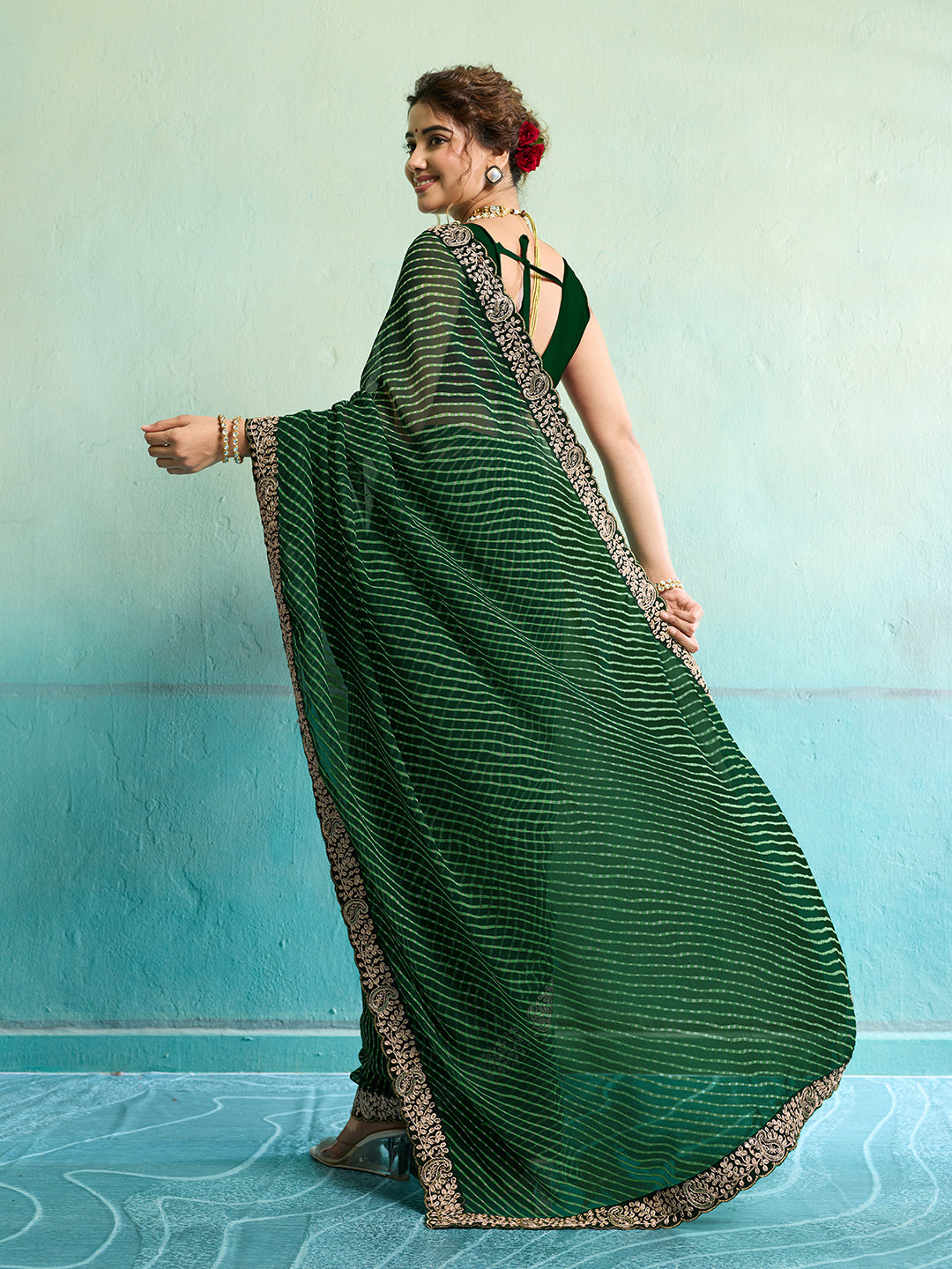 KcPc New Beautiful Georgette Leheriya Style With Embroidery Border Work Saree STL