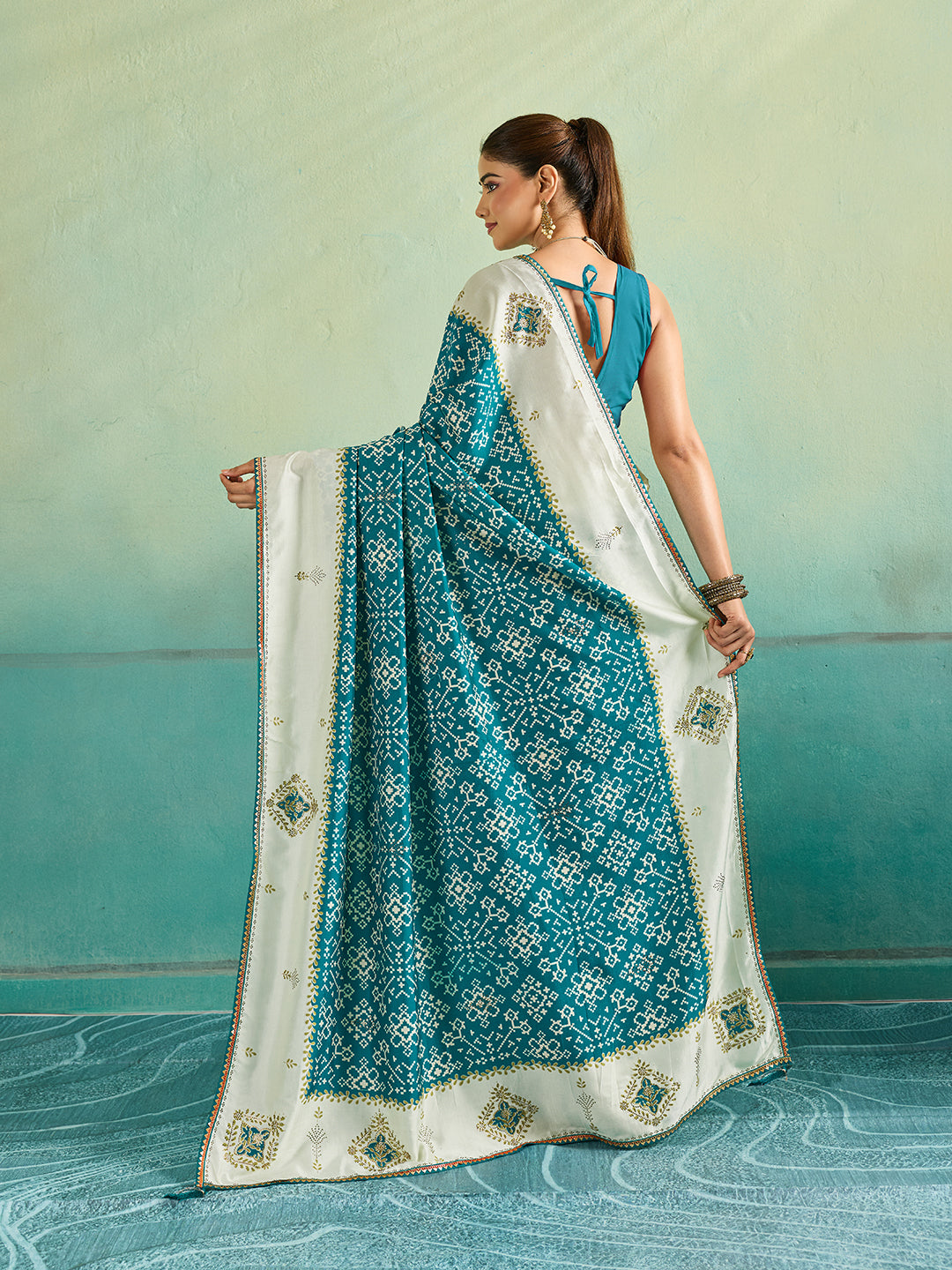 KcPc New Creap Silk Ajrakh Style With Stone Work Saree STR