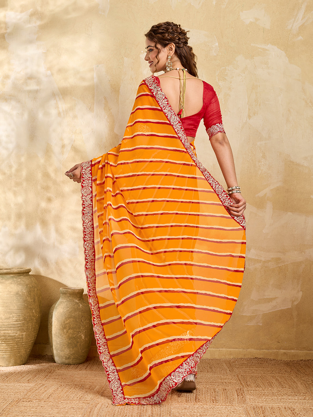 By New Beautiful Chiffon Leheriya Style With Embroidery Border Work Saree