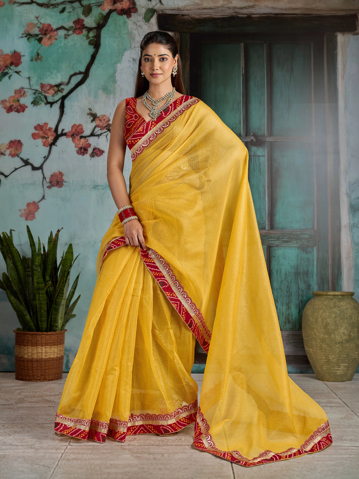 KcPc New One Embroidery Bandhani Border Kota Doria Saree SWA