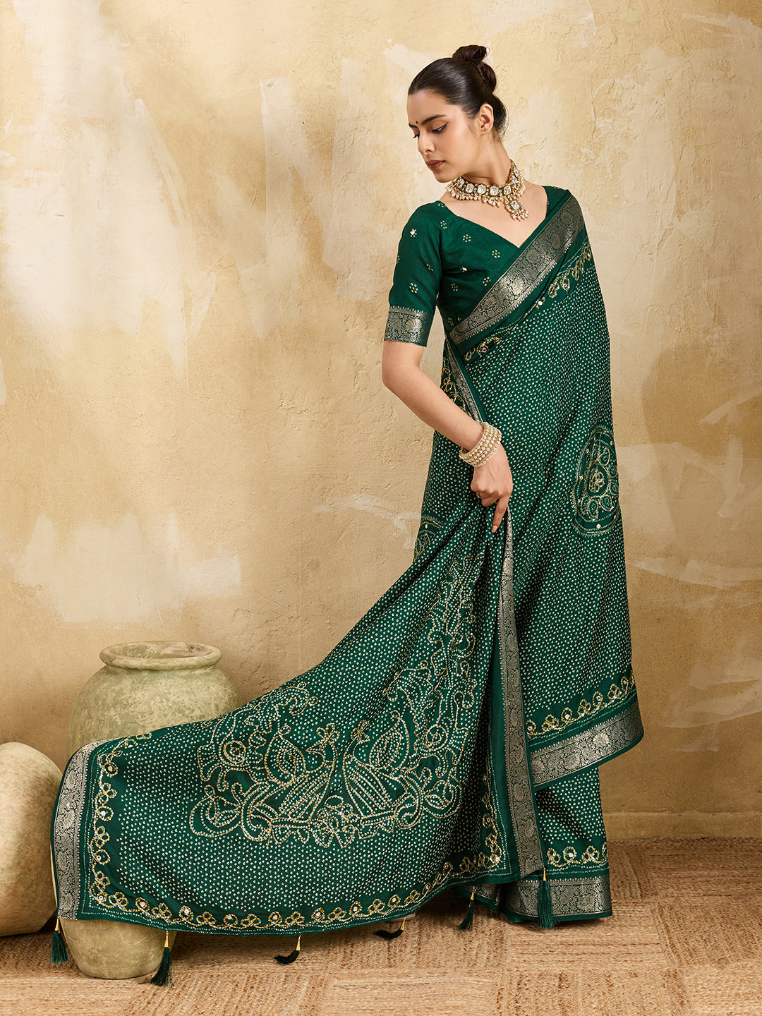 KcPc New Viscos Silk Bandhani Print Aari tari work Saree Green GAN