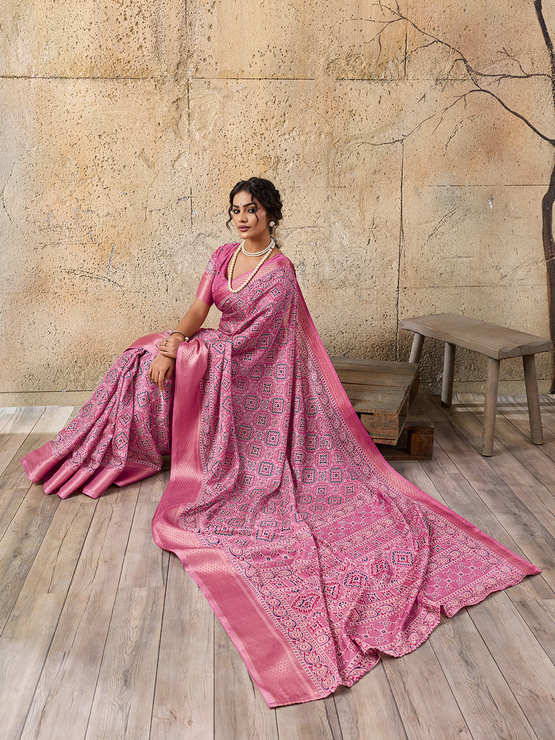 Cotton silk Ajrakh styleSaree under 1000
