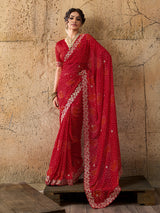 Handmade Pitta Aari Work saree in red colour