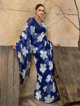 Georgette Flower Printed Style Saree in blue colour under 1000