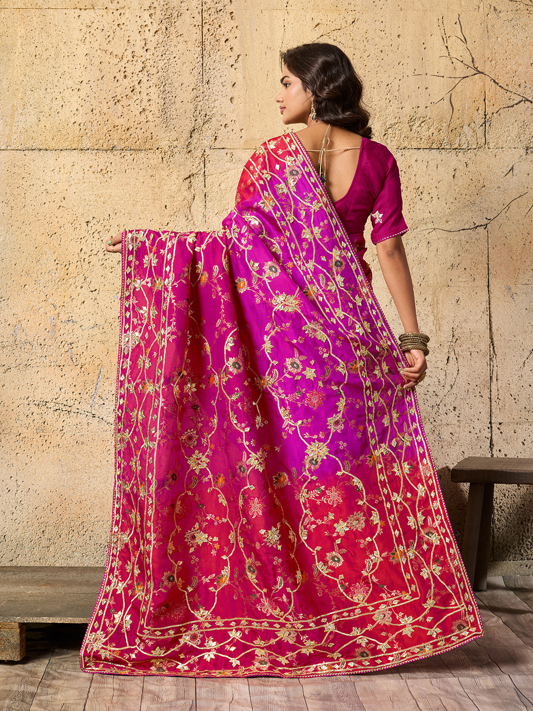 Meenakari Banarasi style saree in red colour