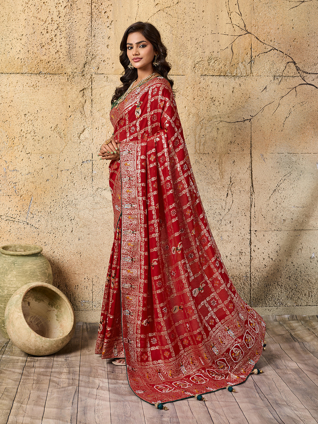 KcPc Designer Rajwadi style Gharchola Bandhej Sarees red pdm