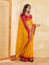 KcPc New Beautiful Moss Chiffon Georgette Bandhani Sarees Yellow Red KDM