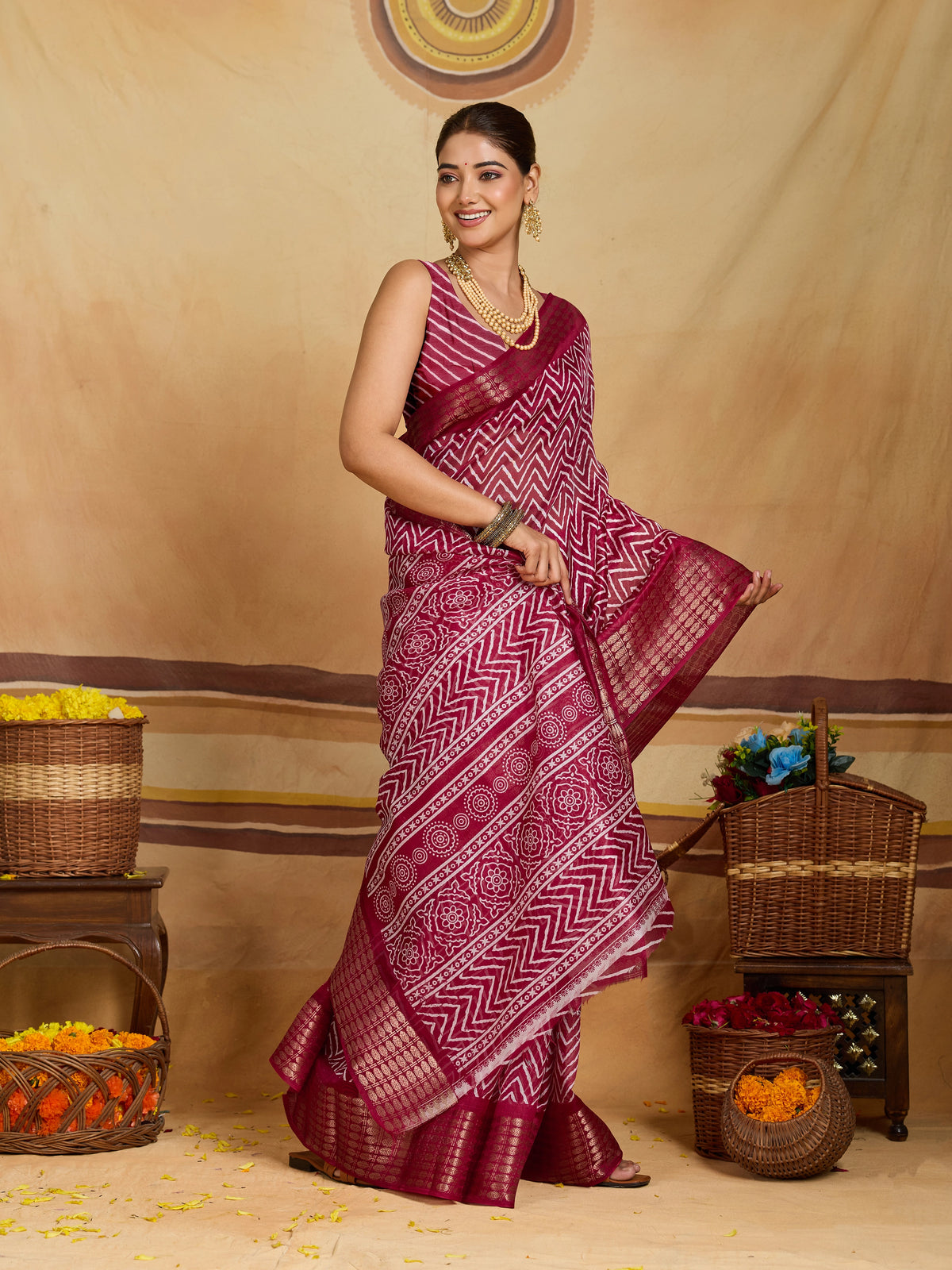 KcPc Premium Cotton Silk Zig Zag Saree with Zari Border STL
