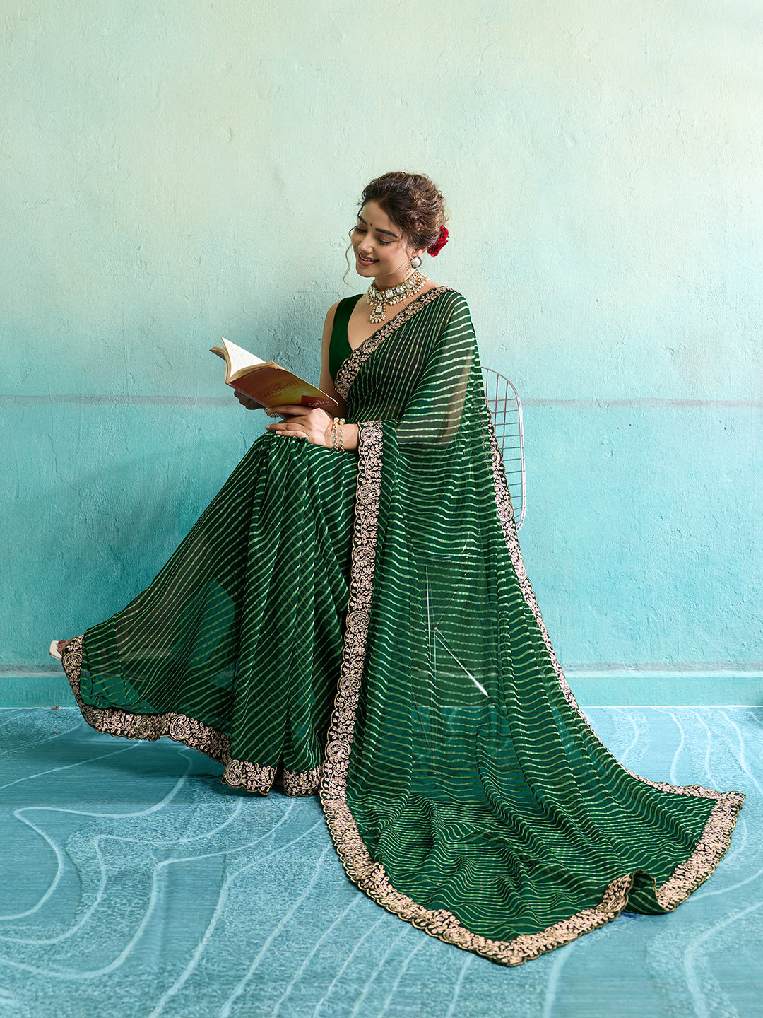 KcPc New Beautiful Georgette Leheriya Style With Embroidery Border Work Saree STL