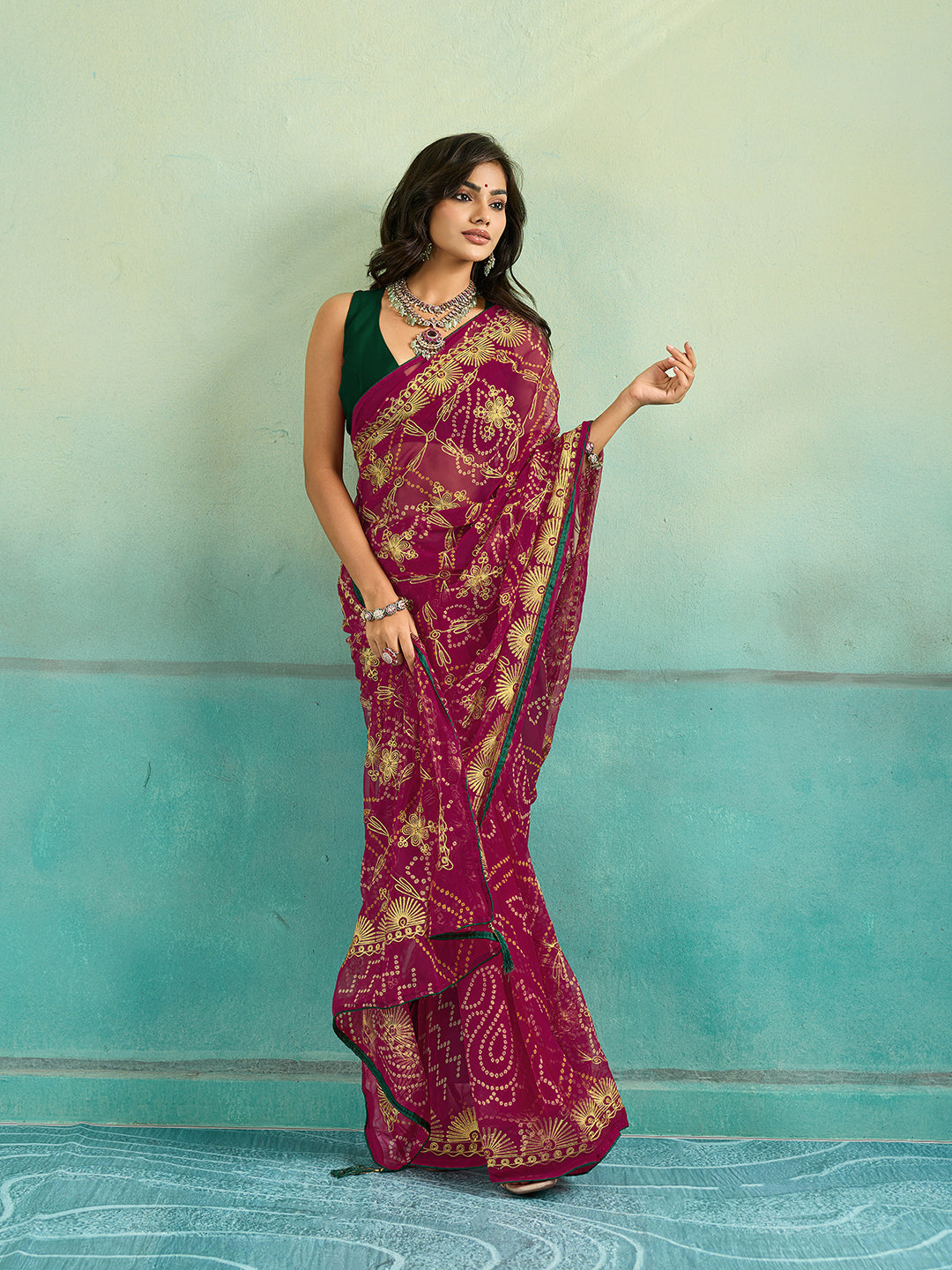 KcPc Designer Rajwari Style Chiffon Saree with Aari EmbellishmentSNI