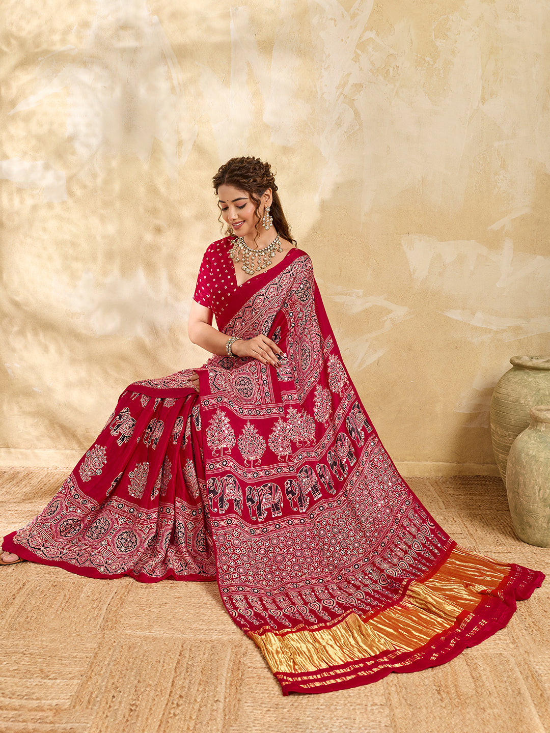 Buy Modal Silk Ajrakh Style With Mirror Work KcPc