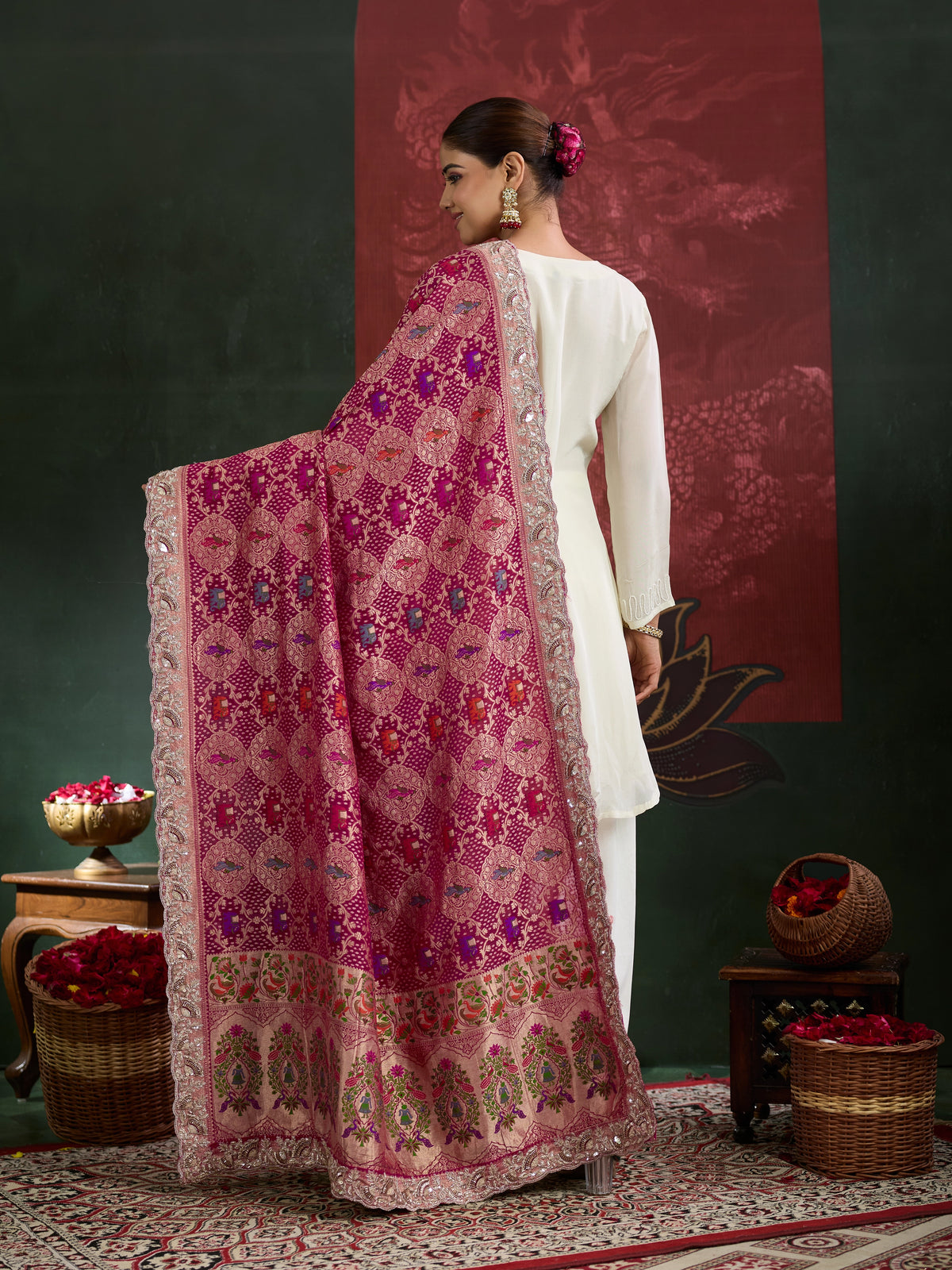 KcPc New Khaddi Georgette Embroidery Heavy Border Work Dupatta TUF