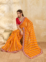 By New Beautiful Chiffon Leheriya Style With Embroidery Border Work Saree